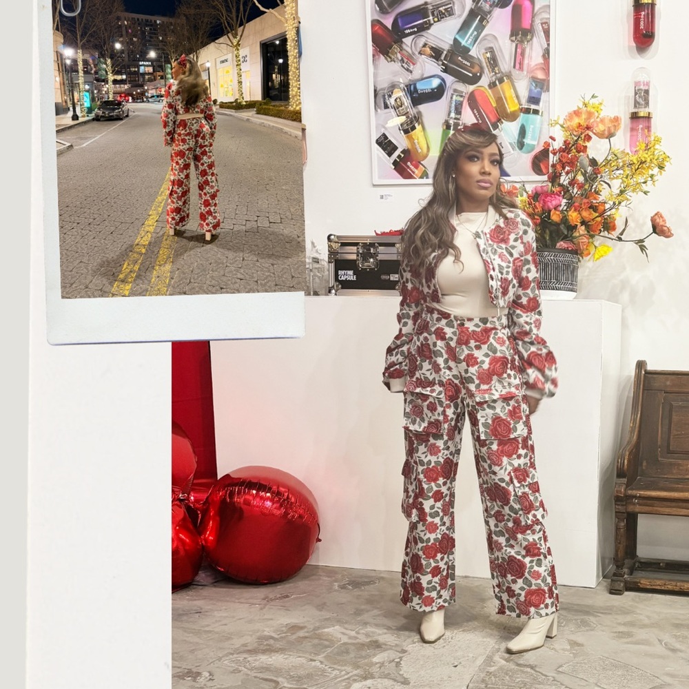 Chic Floral Red and White cropped blazer and cargo pant (shirt not included)